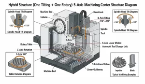 Fig 3 Hybrid Structure (One Tilting + One Rotary) 5 Axis Machining Center Structure Diagram Fig 3 Hybrid Structure (One Tilting + One Rotary) 5 Axis Machining Center Structure Diagram