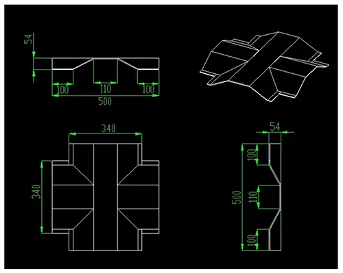 Figure 1 Customer’s original drawing three views of 3mm iron plate bending parts (500×340×54) Figure 1 Customer’s original drawing three views of 3mm iron plate bending parts (500×340×54)