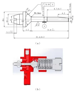 Figure 1. Drawings of the threaded slender shaft valve rod (a) Geometric dimensions; (b) 3D model Figure 1. Drawings of the threaded slender shaft valve rod (a) Geometric dimensions; (b) 3D model