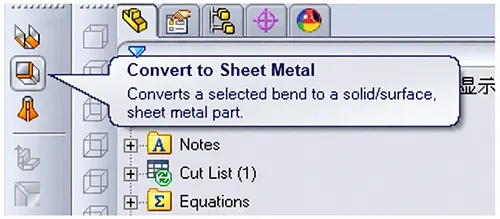 Figure 13. The Convert to Sheet Metal button in the Sheet Metal toolbar Figure 13. The Convert to Sheet Metal button in the Sheet Metal toolbar