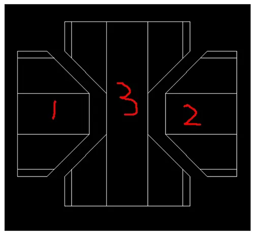 Figure 2. The entire piece is disassembled into 3 bent parts ① Side plate 1 ② Side plate 2 ③ Main body 3 Figure 2. The entire piece is disassembled into 3 bent parts ① Side plate 1 ② Side plate 2 ③ Main body 3