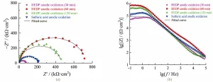 Figure 5 Nyquist plots (a) and Bode magnitude plots (b) measured in 3.5% NaCl solution for 7075 aluminum alloy anodized by different processes Figure 5 Nyquist plots (a) and Bode magnitude plots (b) measured in 3.5% NaCl solution for 7075 aluminum alloy anodized by different processes